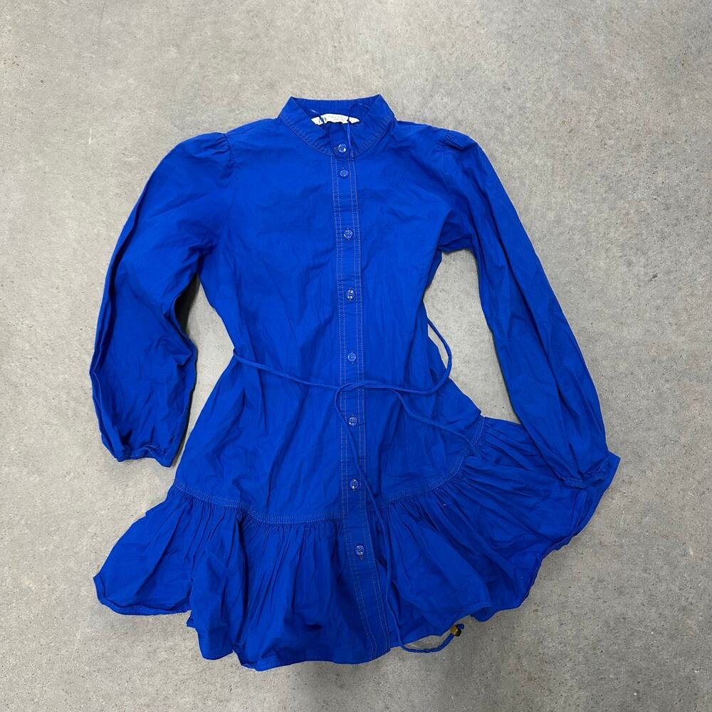 Zara Royal Blue Ruffled Poplin Shirt Mini Dress Button Front Long Sleeve XS